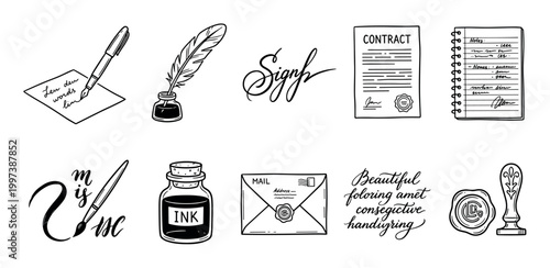 Set of hand-drawn writing and calligraphy icons including a quill pen, inkwell, contract, and wax seal in a black and white doodle style illustration