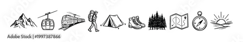 Set of hand-drawn black sketch icons for mountain hiking and outdoor adventure, featuring a peak, cable car, train, backpacker, tent, boots, forest, map, compass, and sunrise