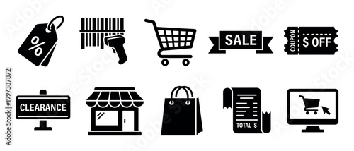 Collection of ten black shopping icons representing retail, e-commerce, and sales, with symbols for a cart, discount tag, coupon, storefront, and barcode scanner