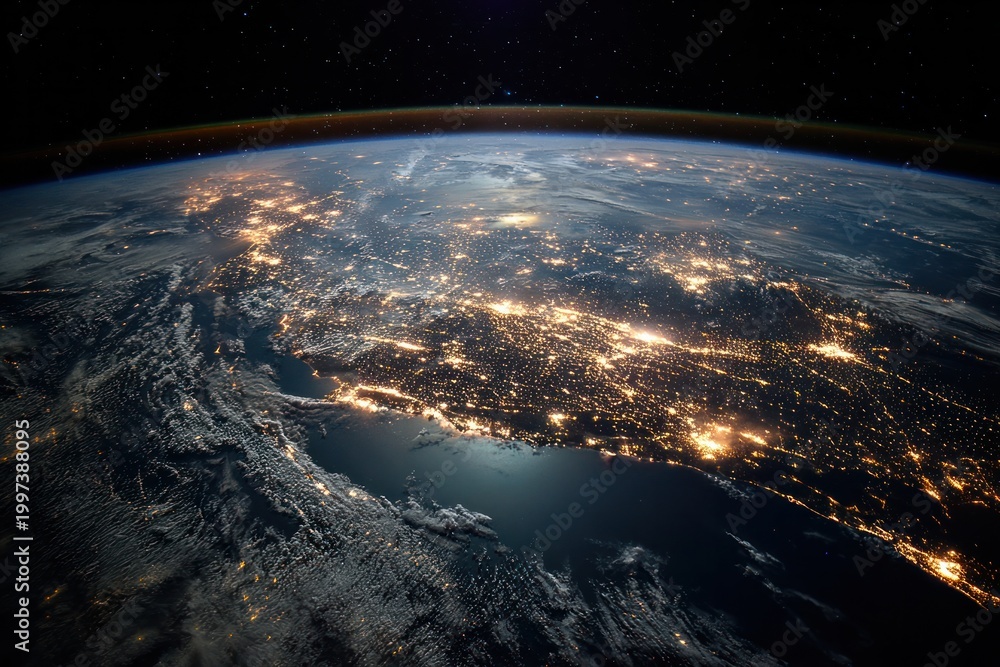 Fototapeta premium Nighttime Earth from Space: Vibrant City Lights Over Ocean