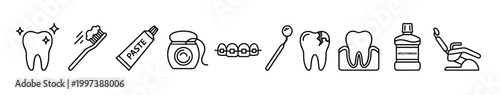 Set of black line icons for dental care and oral hygiene, including a toothbrush, toothpaste, floss, braces, a dentist chair, and a tooth with a cavity