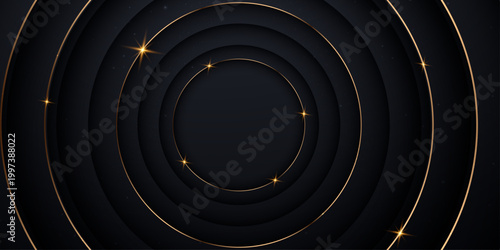 Abstract black and gold luxury vector background with abstract gold dots and shining golden lines.