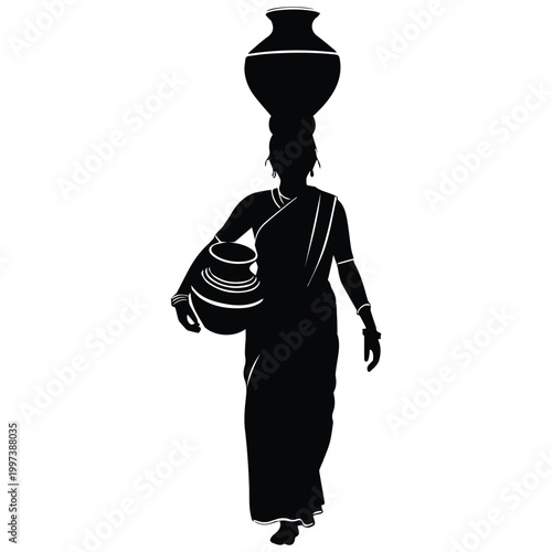 Traditional rural woman silhouette carrying water pots on head and waist