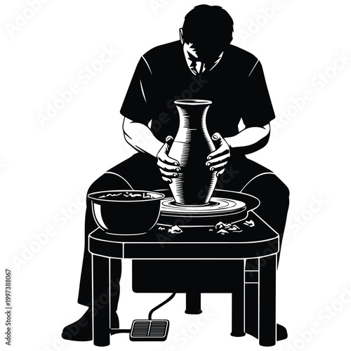 Skilled potter silhouette making a ceramic vase on a pottery wheel