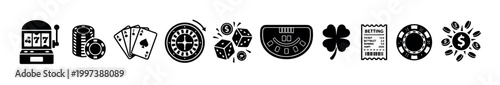 Set of black casino gambling icons featuring a slot machine, playing cards, roulette, dice, and poker chips in a minimalist glyph style for entertainment and luck concepts