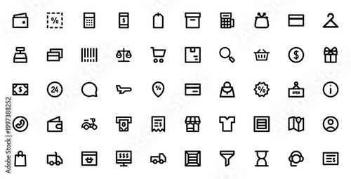 Basic Ecommerce icon set. Vector line icons pack. Includes wallet, coupon, shopping cart, credit card, tag, discount, truck, online store and more. Editable stroke.