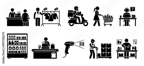 Black retail business pictogram icons showing a cashier, salesperson, delivery driver, shopper with cart, warehouse worker, and customer support agent in a simple glyph style