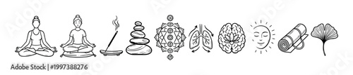 Set of hand-drawn yoga and meditation icons including a woman in lotus pose, chakras, balanced stones, incense, lungs, brain, and a yoga mat in a simple line art style