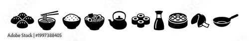 Black silhouette icons of traditional Asian cuisine featuring dumplings, noodles, sushi rolls, a teapot, and a steamer basket in a minimalist graphic style collection