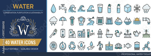 Collection of Water Related Icons Including Water Drops, Faucets, Waves, and Snowflakes for Design