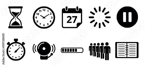 Collection of black time management icons including a clock, calendar, stopwatch, and hourglass, all rendered in a simple graphic style for productivity and scheduling concepts