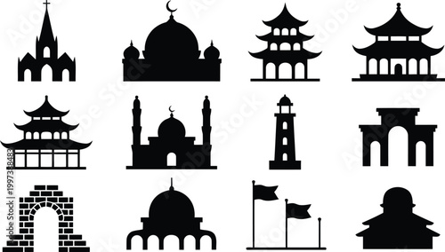 Diverse selection of black graphic landmark silhouettes showcasing international heritage sites for global travel concept design