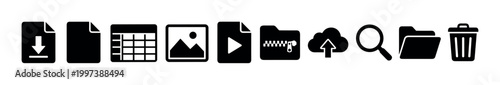Set of black file management and user interface icons showing symbols for download, document, spreadsheet, image, video, zip, cloud upload, search, folder, and trash can