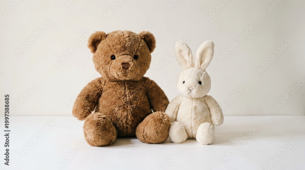 Fototapeta premium Brown Teddy Bear and White Bunny Plush Toys Sitting Side by Side