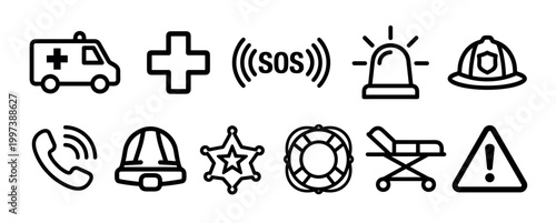 Emergency service and safety line art icons set including an ambulance, medical cross, siren, firefighter helmet, and warning sign for urgent response and first aid