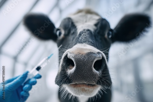 Cow vaccination. Animal received vaccinated in veterinary clinic. Vet doctor giving injection to cattle. Mammals vaccinating. Food industry Safety. Health check veterinarian. Foot-and-mouth disease