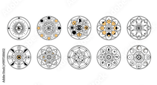Mystic occult symbols set with third eye moons and stars inside circles featuring esoteric geometric patterns and designs.