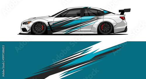 Dynamic white racecar with teal abstract graphics and motion, high speed design for racing aesthetics.