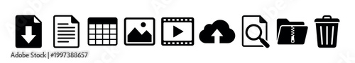 Set of ten black file management icons in a simple glyph style for user interface design, representing download, document, media, cloud storage, search, archive, and delete