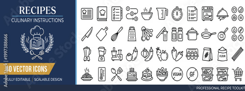 Professional culinary instruction icons for recipe creation and food preparation, fully editable vector graphics for professional use