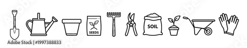 Set of black line art gardening icons including a shovel, watering can, pot, seeds, rake, shears, soil, seedling, wheelbarrow, and gloves for horticultural work