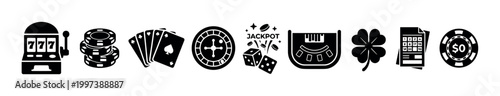 Set of black gambling and casino icons including a slot machine, poker chips, playing cards, roulette wheel, dice, a blackjack table, a clover, and a betting ticket