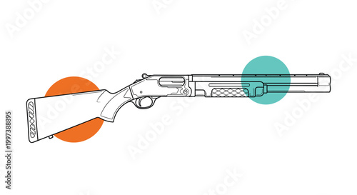 Shotgun line drawing illustration with orange and teal abstract circles for hunting sports or firearms safety concept.