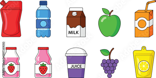Drink Cartons and Beverage Icons Featuring Juice, Milk, and Fruit Drinks for Graphic and Web Design Projects