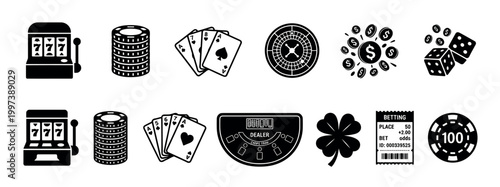 Collection of black gambling and casino glyph icons showing a slot machine, poker chips, playing cards, a roulette wheel, dice, a betting slip, and a lucky clover