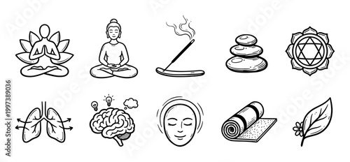 Collection of hand-drawn doodle style icons for yoga, meditation, and self-care, featuring a lotus pose, Buddha, zen stones, incense, chakra symbol, breathing, and a yoga mat