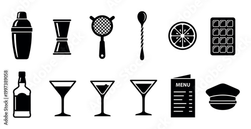 Collection of black silhouette bartender icons showing professional barware and mixology tools like a shaker, jigger, strainer, glass, bottle, menu, and ice