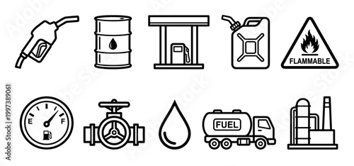 Set of black line icons representing the fuel and oil industry, featuring minimalist vector symbols for a gas pump, barrel, tanker truck, refinery, and flammable warning sign