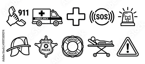 Set of emergency service line icons featuring an ambulance, police badge, firefighter helmet, and medical symbols for safety, rescue, and first aid concepts in a graphic style