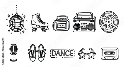 Set of retro disco party icons featuring a disco ball, roller skate, boombox, vinyl record, and cassette tape in a black and white hand-drawn line art doodle style