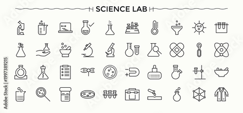 Chemistry Lab icon set. Minimalist icons collection. Scientist icon. Contain linear symbols lab, biology, biotechnology, scientist, science, laboratory, research and more.
