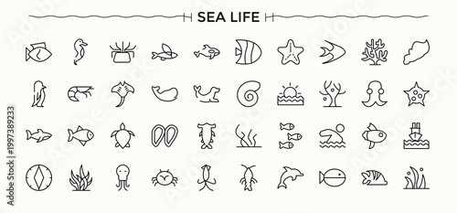 Sea Life vector icon set. Minimal icons collection. Editable stroke. Pixel Perfect. Life icon set. Contains such symbols as underwater animal, underwater, nautical, water, sea and more.