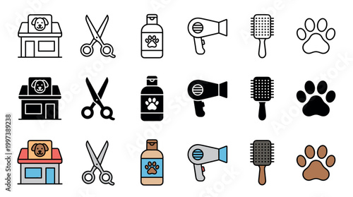 Pet grooming icon set collection showing a salon, scissors, shampoo, hairdryer, brush, and paw print in three different styles: line art, solid glyph, and color illustration