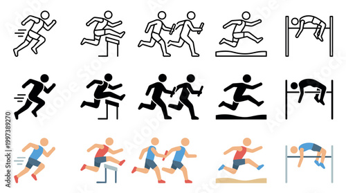 Set of track and field sport icons in outline, silhouette, and flat color styles, illustrating various athletic disciplines like sprinting, hurdles, relay race, long jump, and high jump competition