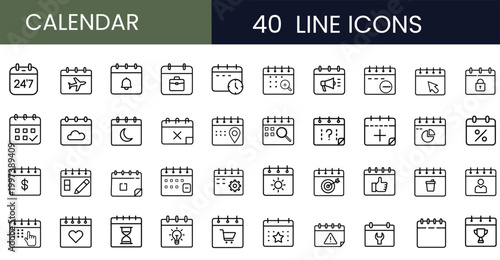 Calendar line icons set schedule agenda date time management appointment planner organizer reminder event & more vector illustration with editable stroke.