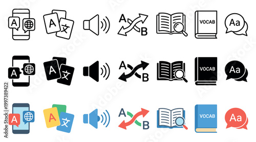 Language translation and learning icon set in three different styles including line, glyph, and color flat design for communication and vocabulary concepts