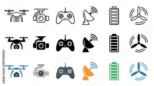 Set of drone and quadcopter technology icons featuring a camera, remote control, battery, and propeller, shown in three different vector illustration styles: outline, solid, and color