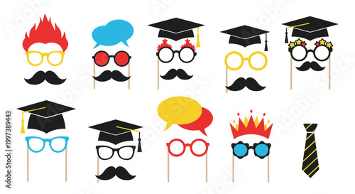 Photo booth party props set with glasses mustaches hats and crowns on sticks for fun birthday and wedding celebration.