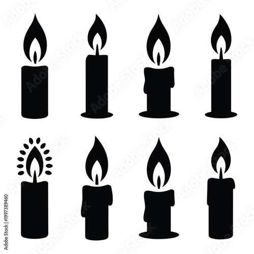 Set of burning candle silhouettes with different wax shapes and flame styles for memorial service or holiday celebration.