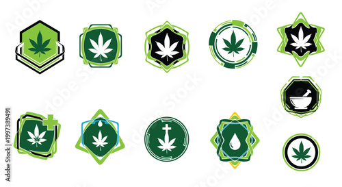 Cannabis leaf logo set with various green emblems featuring marijuana plant for medical health and natural wellness concept.
