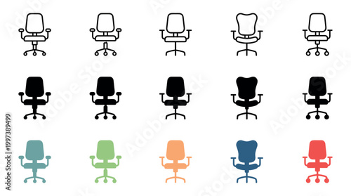 Ergonomic office chair vector icon set in multiple styles including thin line, solid black silhouette, and colorful flat design illustrations for furniture concepts
