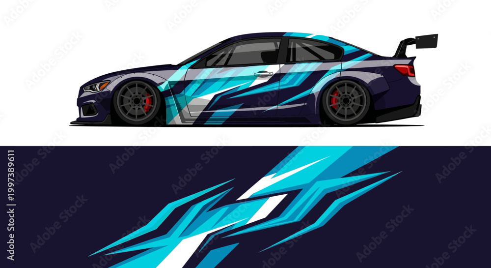 Fototapeta premium Blue Racecar with Dynamic Lighting and Graphic Livery Design.