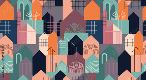 Abstract geometric pattern of colorful houses in modern flat style for urban landscape background and textile design.