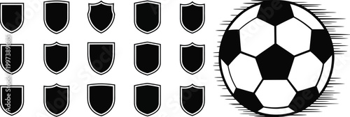 Graphic collection of shield emblems and a stylized fast soccer ball for sports design projects