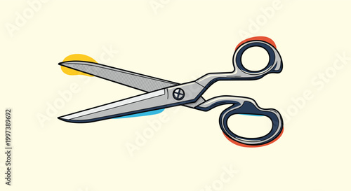 Open steel scissors illustration with colorful abstract shapes for office supplies and tailoring craft equipment concept.