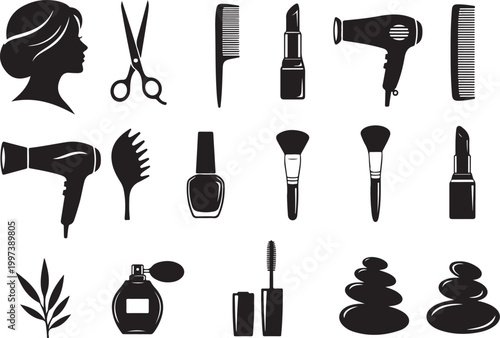Black silhouettes of beauty and hair care tools and products